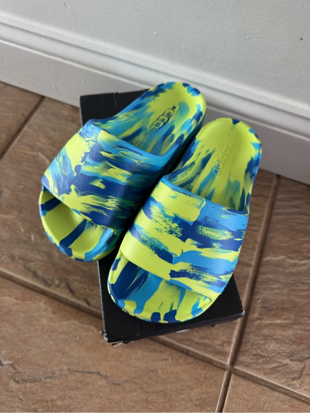 Adidas Kids' Adilette Lumia Blue & Neon Yellow Slide Sandals